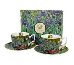 DUO ART GALLERY 2er-Set Luxus Tassen 270 ml IRISES inspired by Van Gogh, mit Untertassen, New Bone China Porzellan