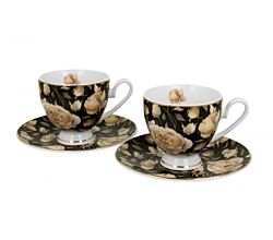 DUO GOLDEN LINE 2er Set Tassen mit Untertassen 220 ml ENGLISH ROSES BLACK, New Bone China Porzellan