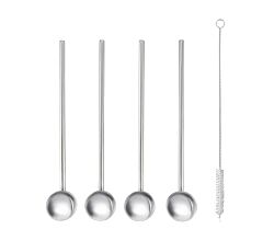 Metaltex 253926000 Trinkhalme & Löffel INOX 4 Stk. mit Reinigungsbürste / Strohhalme / Longdrinklöffel / Cocktaillöffel
