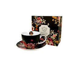 DUO FLORAL Jumbobecher 470 ml VINTAGE FLOWERS BLACK mit Untertasse, New Bone China Porzellan