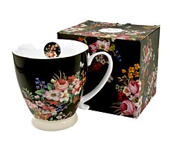 DUO FLORAL Jumbobecher 480 ml VINTAGE FLOWERS BLACK mit Fuß, New Bone China Porzellan