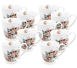 10er SET DUO FLORAL Jumbobecher 480 ml VINTAGE FLOWERS WHITE mit Fuß, New Bone China Porzellan