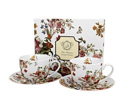 DUO FLORAL 2er-Set Tassen 280 ml VINTAGE FLOWERS WHITE mit Untertassen, New Bone China Porzellan