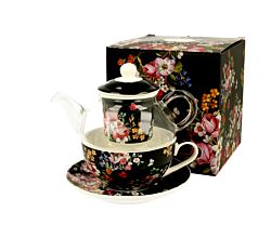 DUO FLORAL Tasse mit Teekanne VINTAGE FLOWERS BLACK Glas - New Bone China Porzellan