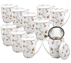 10er SET DUO FLORAL Becher 380 ml SAFA mit Teesieb, New Bone China Porzellan