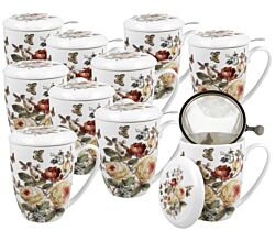 10er SET DUO FLORAL Becher 380 ml ZAHRA mit Teesieb, New Bone China Porzellan