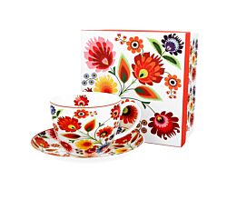 DUO ETNO Jumbobecher 470 ml ŁOWICZ mit Untertasse, New Bone China Porzellan