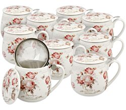10er SET DUO FLORAL Fassbecher 430 ml SECESSION mit Teesieb, New Bone China Porzellan