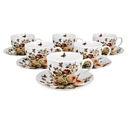 DUO FLORAL 6er-Set Tassen 220 ml ZAHRA mit Untertassen, New Bone China Porzellan