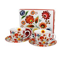 DUO ETNO 2er-Set Tassen 280 ml ŁOWICZ mit Untertassen, New Bone China Porzellan