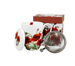 DUO FLORAL Becher 380 ml CLASSIC POPPIES mit Teesieb, New Bone China Porzellan