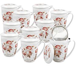 10er SET DUO FLORAL Becher 380 ml SECESSION mit Teesieb, New Bone China Porzellan
