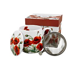 DUO FLORAL Fassbecher 430 ml CLASSIC POPPIES mit Teesieb, New Bone China Porzellan