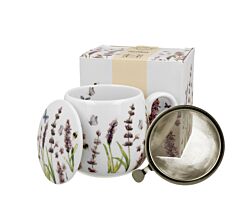 DUO FLORAL Fassbecher 430 ml CLASSIC LAVENDER mit Teesieb, New Bone China Porzellan