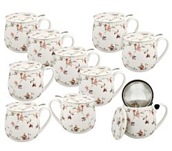 10er SET DUO FLORAL Fassbecher 430 ml SAFA mit Teesieb, New Bone China Porzellan