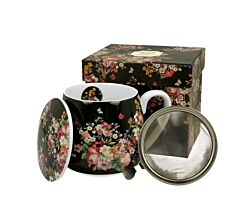 DUO FLORAL Fassbecher 430 ml VINTAGE FLOWERS BLACK mit Teesieb, New Bone China Porzellan