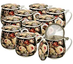 10er SET DUO FLORAL Fassbecher 430 ml WARDA mit Teesieb, New Bone China Porzellan