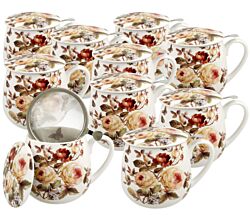 10er SET DUO FLORAL Fassbecher 430 ml ZAHRA mit Teesieb, New Bone China Porzellan