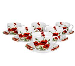 DUO FLORAL 6er-Set Tassen 220 ml CLASSIC POPPIES mit Untertassen, New Bone China Porzellan