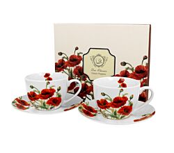 DUO FLORAL 2er-Set Tassen 280 ml CLASSIC POPPIES mit Untertassen, New Bone China Porzellan