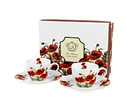 DUO FLORAL 2er-Set Espressotassen 90 ml CLASSIC POPPIES mit Untertassen, New Bone China Porzellan