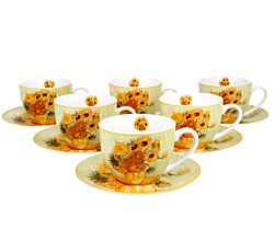 DUO ART GALLERY 6er-Set Tassen 220 ml SUNFLOWERS mit Untertassen, New Bone China Porzellan