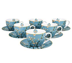 DUO ART GALLERY 6er-Set Tassen 220 ml ALMOND BLOSSOM mit Untertassen, New Bone China Porzellan