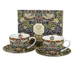 DUO ART GALLERY 2er-Set Tassen 250 ml STRAWBERRY THIEF BLUE mit Untertassen, New Bone China Porzellan