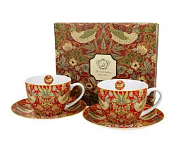 DUO ART GALLERY 2er-Set Tassen 280 ml STRAWBERRY THIEF RED mit Untertassen, New Bone China Porzellan