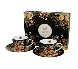 DUO FLORAL 2er-Set Espressotassen 90 ml WARDA mit Untertassen, New Bone China Porzellan