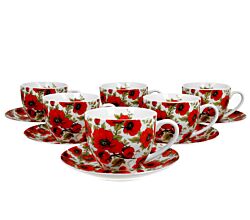 DUO FLORAL 6er-Set Tassen 220 ml LINA mit Untertassen, New Bone China Porzellan