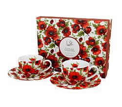 DUO FLORAL 2er-Set Espressotassen 90 ml LINA mit Untertassen, New Bone China Porzellan