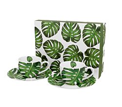 DUO FLORAL 2er-Set Espressotassen 90 ml MONSTERA mit Untertassen, New Bone China Porzellan