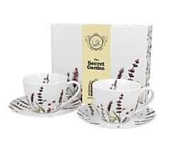 DUO FLORAL 2er-Set Tassen 280 ml CLASSIC LAVENDER mit Untertassen, New Bone China Porzellan