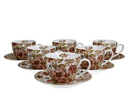 DUO FLORAL 6er-Set Tassen 220 ml PASTEL FLOWERS mit Untertassen, New Bone China Porzellan