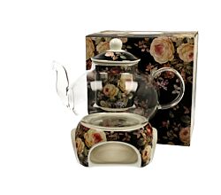 DUO FLORAL Teekanne 1000 ml WARDA mit Stövchen, Glas - New Bone China Porzellan