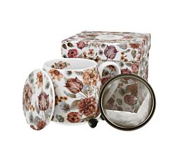 DUO FLORAL Fassbecher 430 ml PASTEL FLOWERS mit Teesieb, New Bone China Porzellan