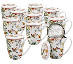 10er SET DUO FLORAL Becher 380 ml LINNEA mit Teesieb, New Bone China Porzellan