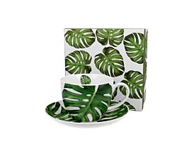 DUO FLORAL Jumbobecher 470 ml MONSTERA mit Untertasse, New Bone China Porzellan