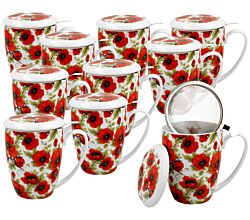 10er Set DUO FLORAL Becher 380 ml LINA mit Teesieb, New Bone China Porzellan