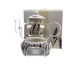 DUO FLORAL Teekanne 1000 ml CLASSIC LAVENDER mit Stövchen, Glas - New Bone China Porzellan