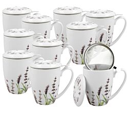 10er SET DUO FLORAL 30785 Becher 380 ml CLASSIC LAVENDER mit Teesieb, New Bone China Porzellan