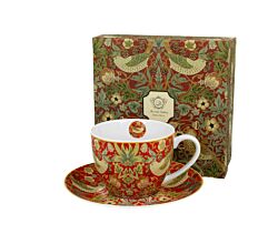 DUO ART GALLERY Tasse 270 ml STRAWBERRY THIEF RED mit Untertasse, New Bone China Porzellan