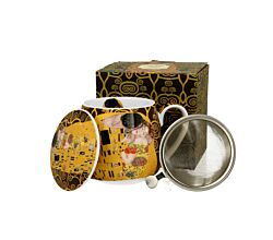 DUO ART GALLERY Fassbecher 430 ml THE KISS BROWN mit Teesieb, New Bone China Porzellan