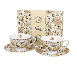 DUO FLORAL 2er-Set königliche Tassen 250 ml ENGLISH ROSES WHITE mit Untertassen, New Bone China Porzellan
