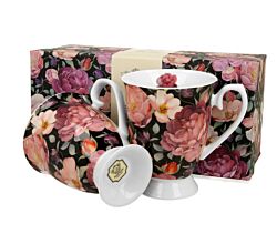 DUO FLORAL 2er-Set königliche Tassen 300 ml SPRING ROSES BLACK New Bone China Porzellan