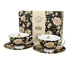 DUO FLORAL 2er-Set königliche Tassen 250 ml ENGLISH ROSES BLACK mit Untertassen, New Bone China Porzellan