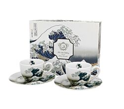 DUO ART GALLERY 2er-Set Espressotassen 90 ml GREAT WAVE mit Untertassen, New Bone China Porzellan