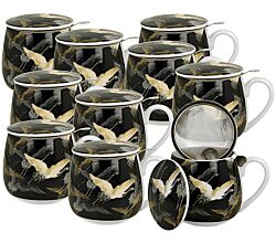 10er SET DUO ART GALLERY Fassbecher 430 ml CRANES AT NIGHT mit Teesieb, New Bone China Porzellan