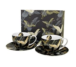 DUO ART GALLERY 2er-Set Tassen 280 ml CRANES AT NIGHT mit Untertassen, New Bone China Porzellan